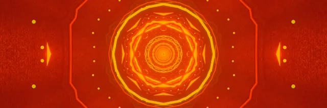 Horúci osmihranný vír s žlto-oranžovými neonovými špirálami na hlbokočervenom pozadí, abstraktná VJ-loop animácia