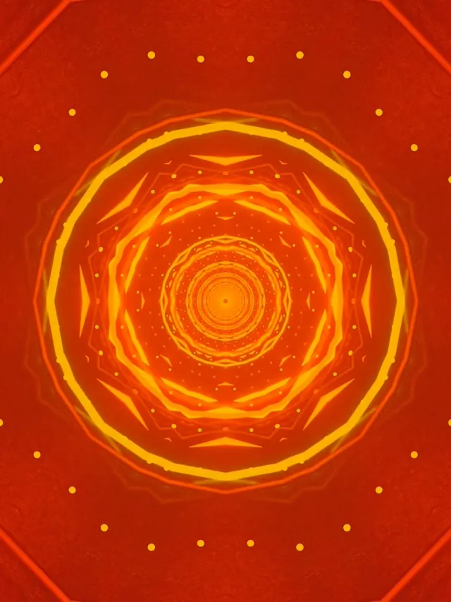 دوامة نيون أحمر برتقالي ثماني الأضلاع متوهجة على خلفية حمراء عميقة مع حلقات متحدة المركز تنشئ تأثير نفق مغناطيسي مع نقاط ذهبية متناثرة—60fps حلقة VJ شاشة توقف