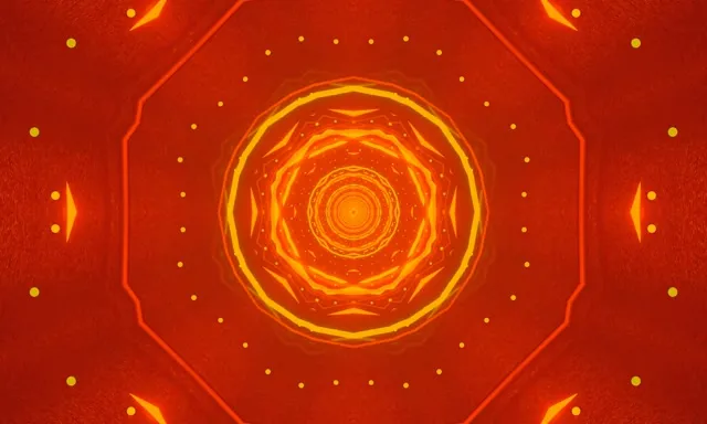 Vorteks spiral neon portokalli-i verdhë ndriçues në tunel oktogonal të kuq, prapavijë lëvizjeje VJ abstrakte 4K me rrathë koncentrikë