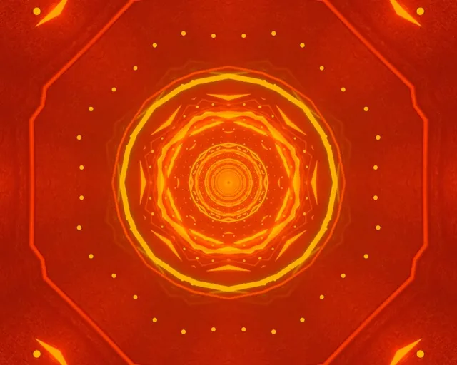 Šviesiantys koncentriniai apskritimai degančiame oranžinėje ir geltonoje spalvose sudaro hipnotizuojantį aštuonkampį sūkurių tunelį, spinduliuojantį šiame abstrakčiame neon VJ cikle.