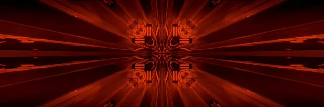 Simetriska sarkana neona tuneļa starojošs kaleidoskopa raksts, kas rada hipnotizējošu dziļuma efektu 4K VJ loopā