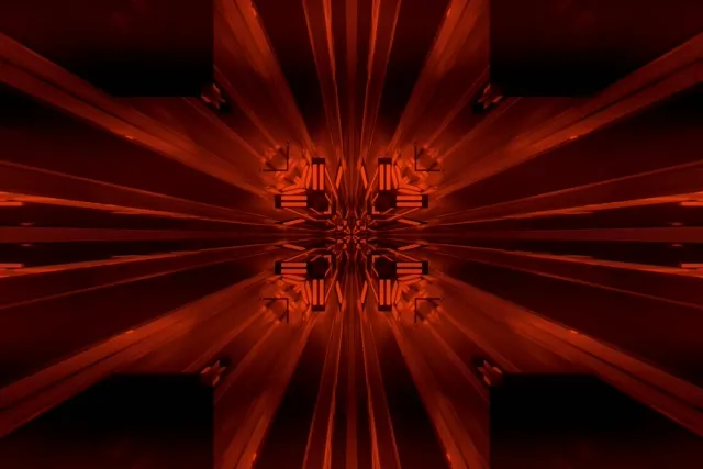 Túnel de neón fractal rojo y naranja con patrones geométricos simétricos irradiando desde el centro, bucle VJ 4K