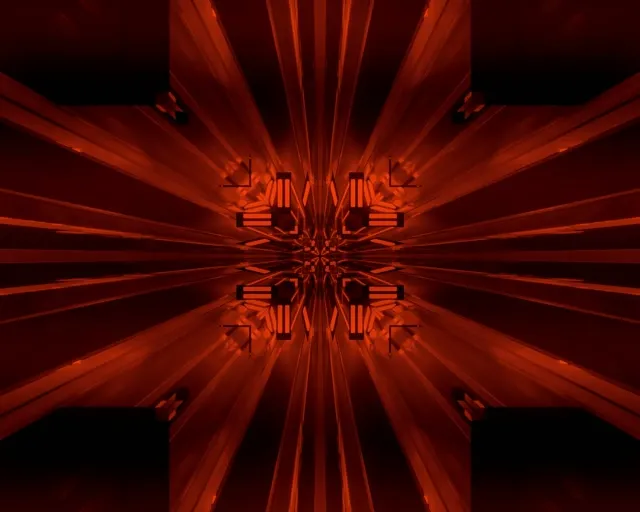 Simetrični crveni neon fraktalni tunel s radijalnim zrakama svjetla i geometrijskim uzorcima za industrijsku VJ petlju