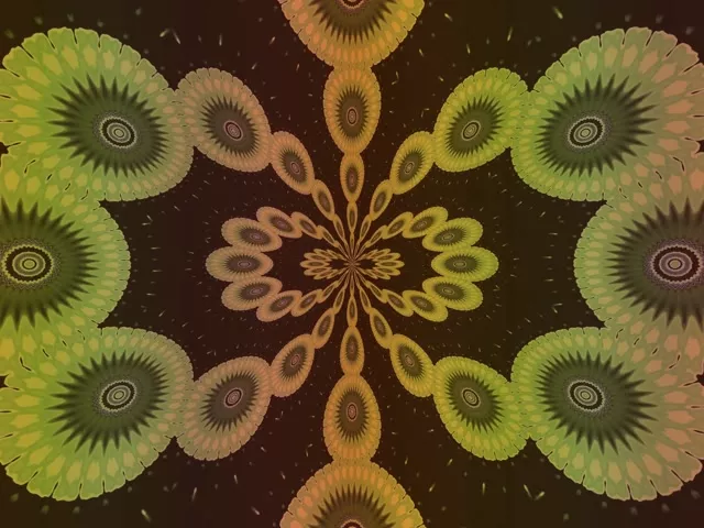 Caleidoscópio fractal simétrico com pétalas verde limão e amarelo dourado irradiando do centro marrom escuro, mesmerizante loop VJ de túnel de neon