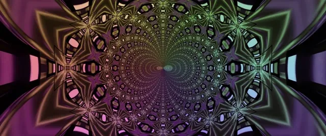 Terowong neon simetri dengan corak kaleidoskop fraktal ungu, emas dan hijau berputar ke kedalaman tak terhingga, gelung VJ 4K