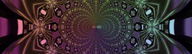 대칭적 네온 터널, 분홍색-초록색 프랙탈 만화경 패턴이 내향으로 소용돌이치며 매혹적인 4K VJ-루프 화면보호기를 생성