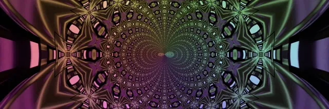 Symetrický neonový tunel s fialovým a zeleným fraktálnym kaleidoskopom špirálujúcim dovnútra, vytvárajúci nekonečný 3D efekt víru pre slučky VJ