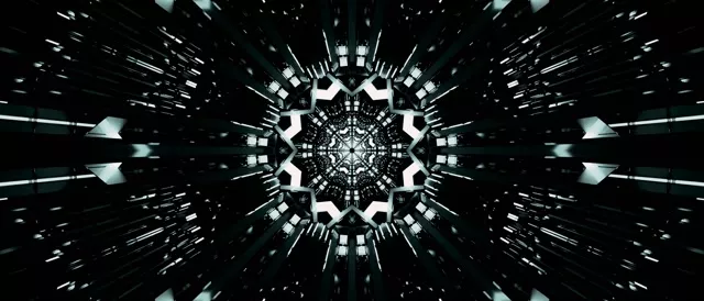 對稱霓虹碎形隧道，白色和青色幾何圖案從中心輻射，為VJ循環創造無限深度效果的4K抽象動畫背景