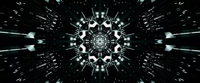 Symmetrischer Neontunnel mit kaleidoskopischem Sternenmuster, das vom Zentrum ausstrahlt, leuchtende weiße und cyan geometrische Formen auf schwarzem Hintergrund, hypnotischer Tiefeneffekt für VJ Loop