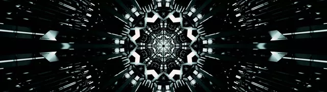 Túnel caleidoscopio estrella fractal neon simétrico irradiando patrones geométricos blancos y negros en perspectiva túnel infinito, bucle VJ 60fps
