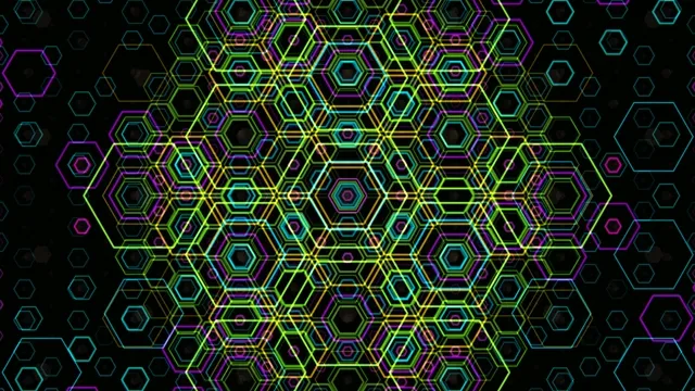 Geometric pattern with hexagons and vibrant lines on a dark background