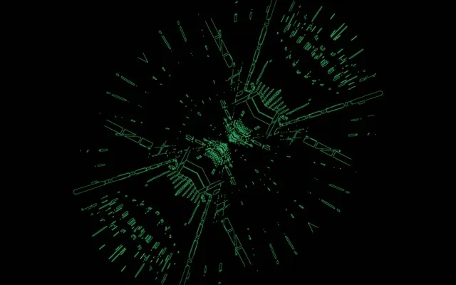 Grüne Neon-Schaltkreis-Partikel explodieren in radialer Burst-Form und erzeugen einen dynamischen Tunnel-Effekt mit leuchtenden Linien und digitalen Fragmenten auf schwarzem Hintergrund, abstrakte VJ-Loop-Bewegungsgrafik