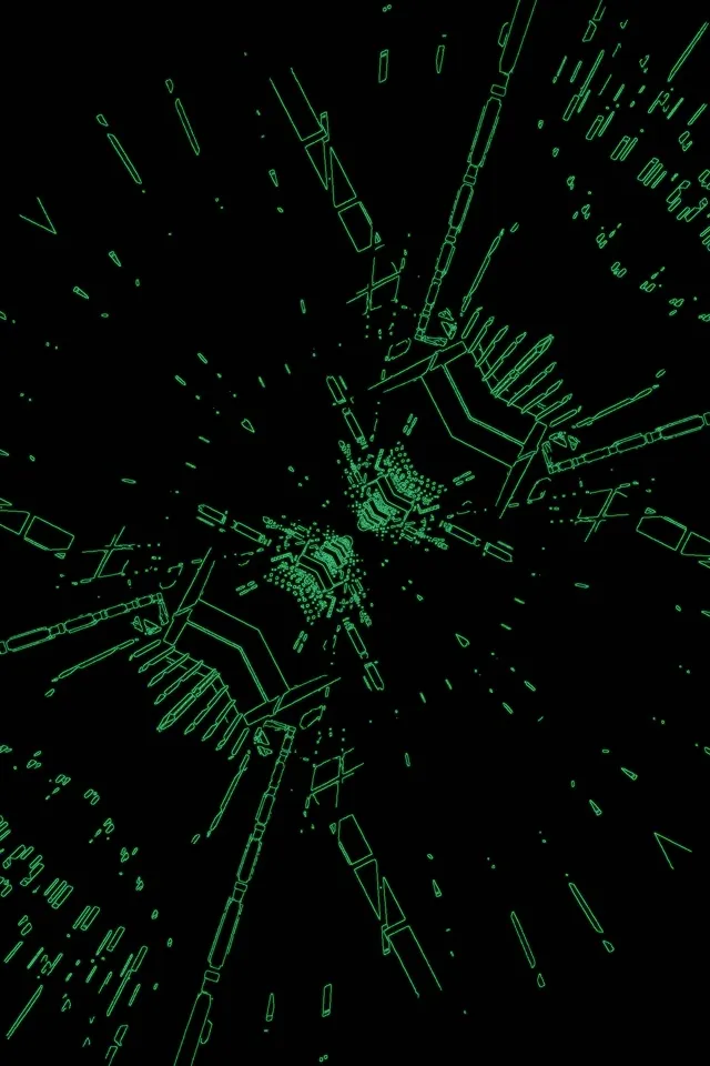 Esplosione di ragnatela neon verde che irradia verso l'esterno, linee geometriche astratte fluorescenti su sfondo nero, loop VJ dinamico, screensaver 60fps