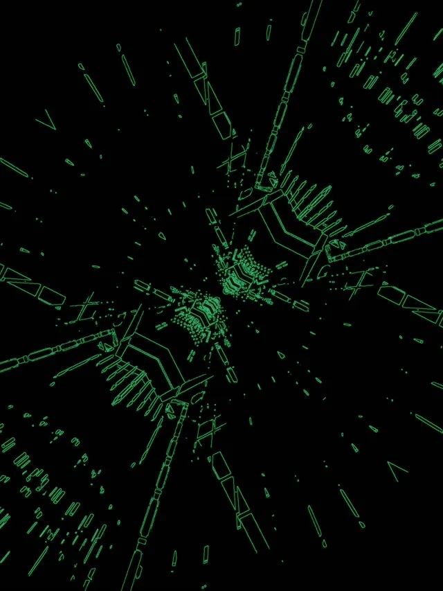 Vihreä neonpiiri räjähdys, joka säteilee keskustasta, hohtoavat viivat ja teknologiapartikkelit räjähtävät 3D tunneli-efektissä, abstrakti VJ loop