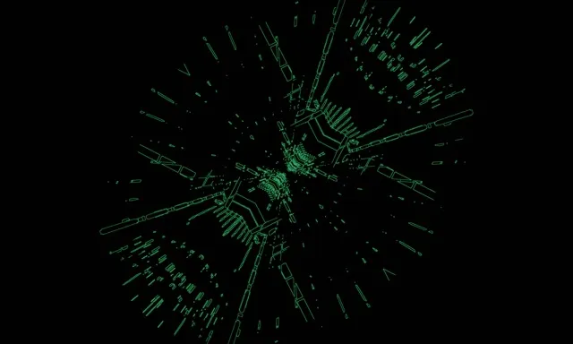 Zirkuitu neon berdea leherketa 3D tunel perspektiban irradiatzen, argi-denborakirak leherketa ertzean, VJ biribila abstraktua mugimendua fondo