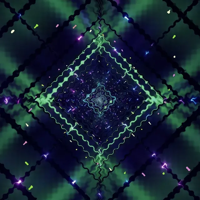 מערבולת יהלום ניאון קורנת עם קווי מתאר ירוקים וסגולים זוהרים קונצנטריים, חלקיקים סחרוריים וקרני אור חשמלי על רקע אפל, לולאת VJ 4K