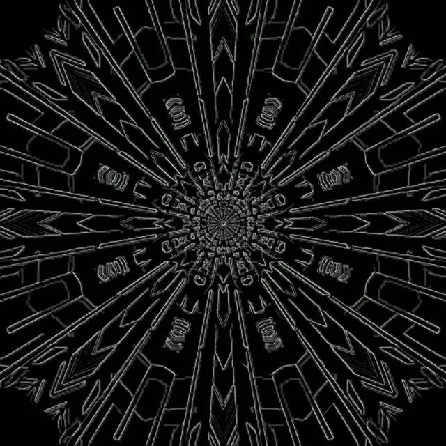 काले-सफेद नियॉन टनल फ्रैक्टल मंडला पैटर्न जो केंद्र से विकिरित रूप से विस्फोट होता है, अनंत ज्यामितीय भंवर बनाता है, चमकदार लाइनें, 60fps VJ लूप एनिमेटेड पृष्ठभूमि