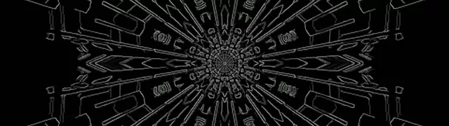 Patrón kaleidoscópico de túnel neón simétrico irradiando desde el centro con líneas geométricas blancas y flechas sobre fondo negro, gráfico de movimiento VJ abstracto