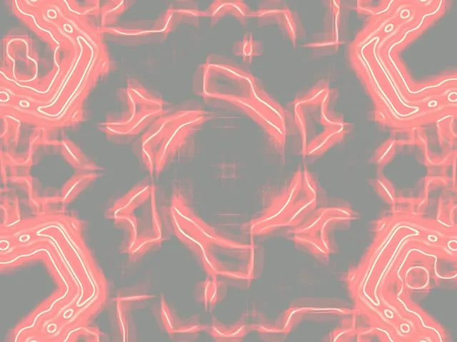 Túnel de grade neon vermelho com padrões geométricos pulsantes e trilhas de luz simétricas em fundo cinzento, loop VJ 4K 60fps