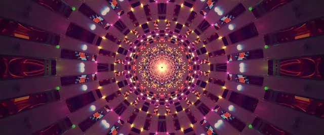 Tunnel néon violet radiant avec cercles concentriques dorés spiralant vers la lumière centrale brillante, boucle de fond de mouvement vortex kaléidoscopique abstrait