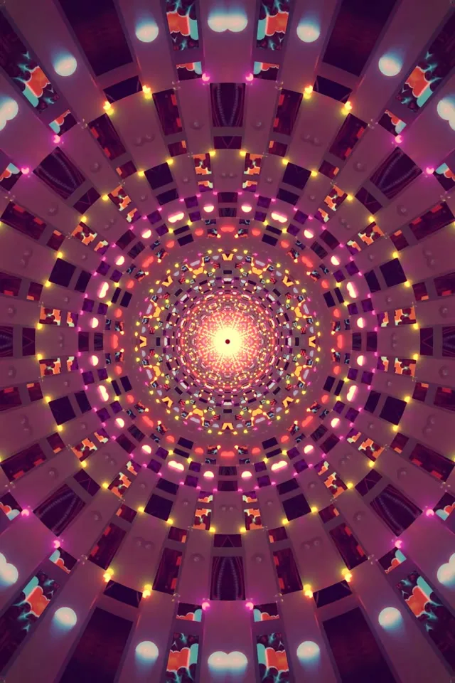 Ningning na neon tunnel spiral na may konsentrikong geometric patterns sa magenta, ginto at lila, lumilikha ng mahiwagang vortex effect na may kumikinang na liwanag patungo sa maliwanag na sentro