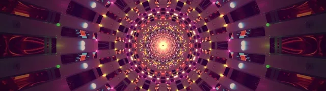 Terowong neon ungu dan emas bersinar dengan spiral kaleidoskop simetri bersinar dari pusat, gelung VJ abstrak bergerak