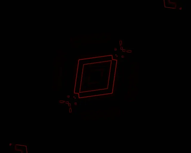 Rooi neon diamant-vormige tunnelrame roteer in geometriese werwelmotief op swart agtergrond, abstrakte VJ-lus