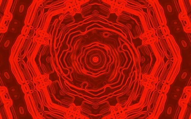 อุโมงค์เนออนแปดเหลี่ยมสีแดงหมุนวนเข้าด้านใน สร้างเอฟเฟกต์วอร์เทกซ์ที่ชีพจรในโทนแดงเข้มและแดงสดใส