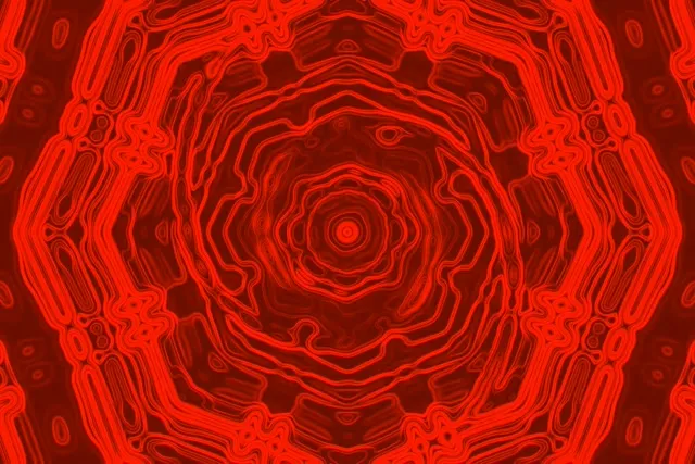 Túnel de neón rojo brillante con anillos octagonales concéntricos que forman un vórtice infinito, bucle VJ abstracto en alta resolución