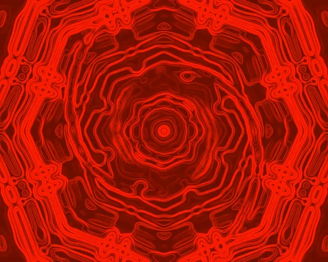 Crveni neon tunel s koncentričnim oktagonalnim vrtlozima koji izranjuju iz centra, stvarajući efekt dubokog tunela u sjajnoj crvenoj i tamnoj karmoznoj boji, apstraktna VJ petlja
