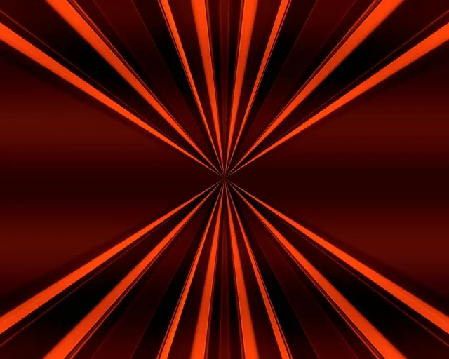 Rooi neonligstrale ontplof vanaf die middelpunt in 'n simmetriese straalpatroon, wat 'n tunneleffek skep met donkerrooi agtergrond en lewende oranje gloed perfekt vir VJ-lusse.