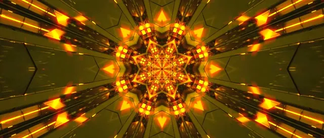 Neontunnel Guldgul Kaleidoskop Stjärnexplosion VJ Loop 21:9 Ultrawide 60fps Skärmsläckare