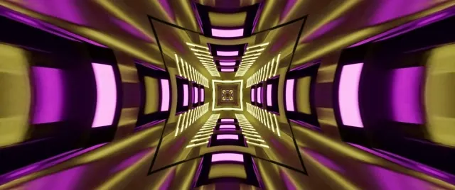 Szimmetrikus neon alagút arany és viola keresztmintával, amely befelé spiralizál, kaleidoszkópikus örvényhatást hozva létre. Absztrakt VJ-hurok vizuális előadásokhoz.