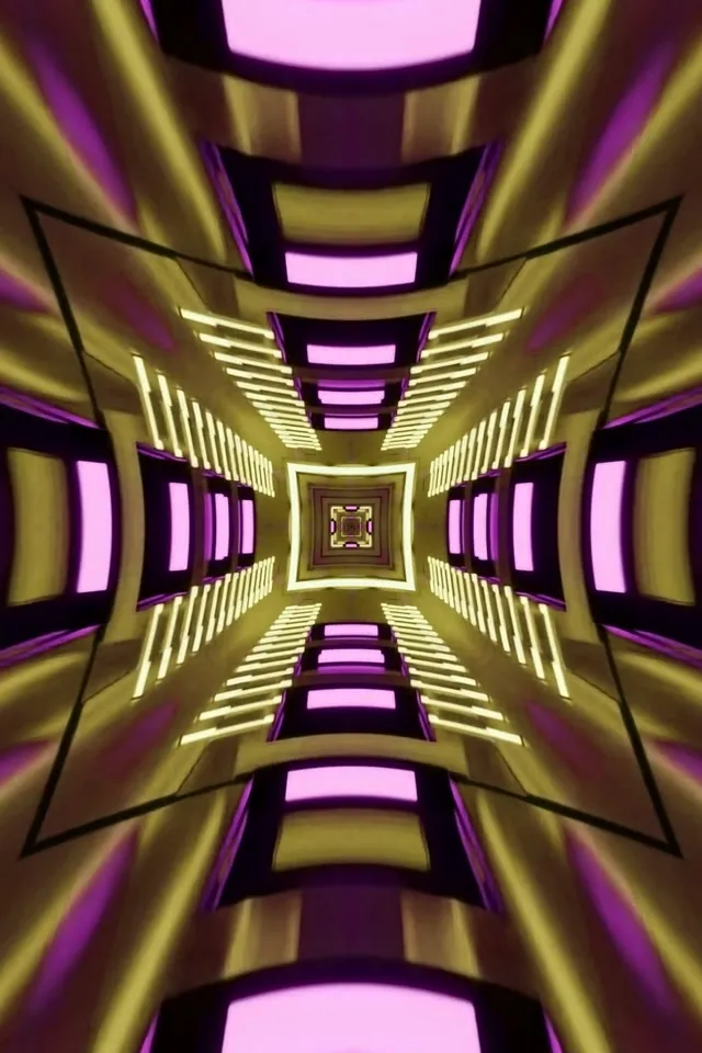 Symmetrical na neon tunnel na may purple at ginto na geometric patterns na tumutukoy sa gitna, magniningning na yellow lines ay lumilikha ng kaleidoscope na kalim-an, VJ loop 60fps