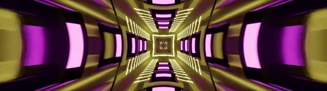 Symmetrisk neon-tunnel med lilla og gull diamant-virvel spiralwendes mot sentrum, 3D dybdeeffekt i ultrawide VJ-løkke