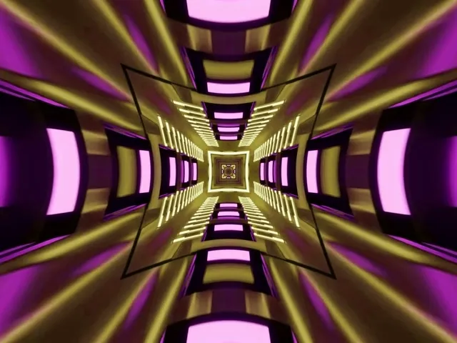 Simetrikoa neon tunela urre eta more geometrikoen ereduekin espiral batean, hipnotikoa kaleidoskopioa VJ begira