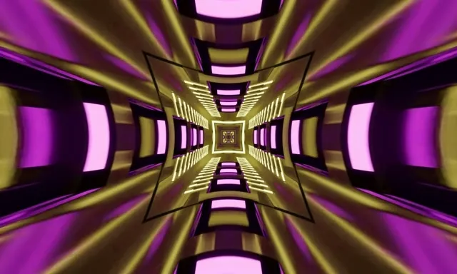 Simetričan neon tunel sa zlatno-ljubičastim geometrijskim križnim uzorkom koji konvergira u sjajući vrtlog, sjajni cijan akcenti, 4K VJ petlja