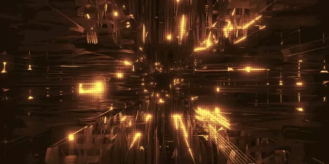 Золотий неоновий тунель із швидкістю світла, сяючі геометричні узори та світлові смуги, абстрактна VJ loop анімація