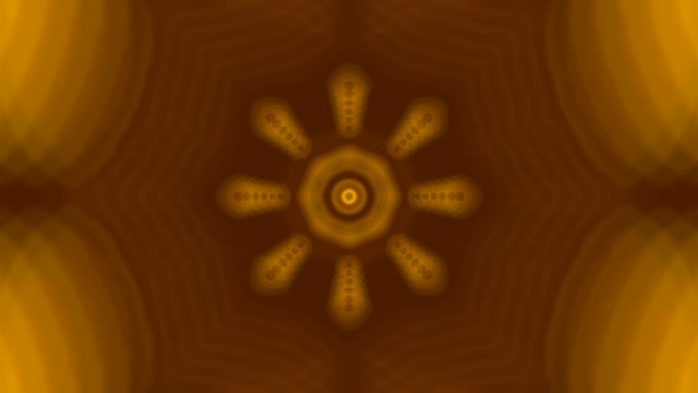 Túnel neon dourado con motivo de roda radiante no centro, tonos ámbar e marrón cálidos, VJ loop simétrico, fondo animado 4K 60fps