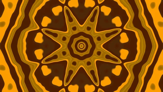 Auksinė aštuonių spindulių žvaigždė kaleidoskope su rudais ir aukso geltonais neon žiedais, kurie sukuria hipnotiškus tunelio sūkurius, 4K VJ kilpa