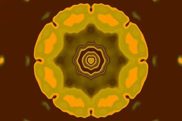 Túnel mandala neón dorado-amarillo radiante con círculos concéntricos, bucle VJ geométrico con acentos naranjas cálidos y efecto de profundidad simétrica