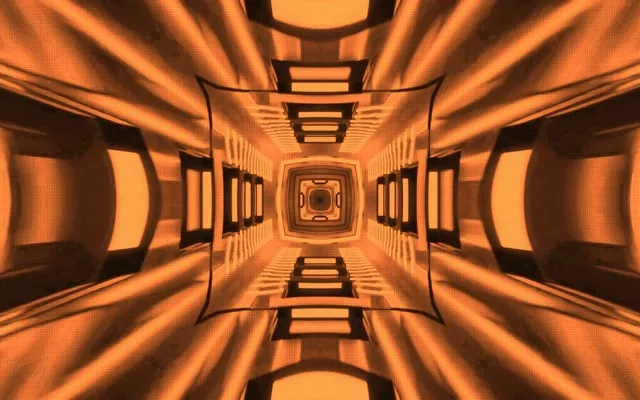 对称橙色霓虹隧道，方形涡旋图案向内螺旋，发光几何形状和明亮光线在这个抽象 VJ 循环中创造无限深度效果