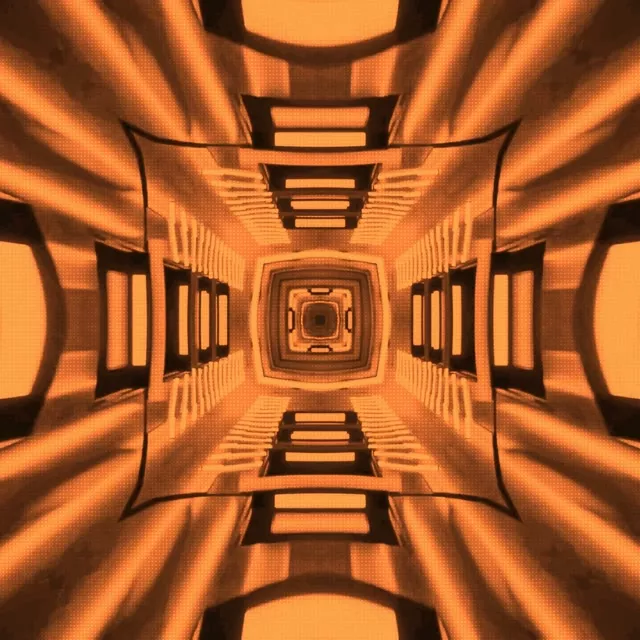 מנהרת ניאון כתומה סימטרית עם מסגרות ריבועיות קונצנטריות המתכנסות למרכז, יוצרות אפקט מערבולת קליידוסקופי היפנוטי. לולאת VJ מופשטת 4K עם דפוסים גיאומטריים ותאורה חמה.