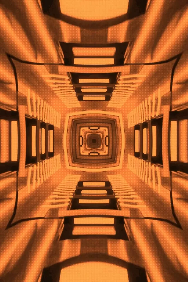 Túnel de neón laranxa e negro con marcos cadrados concéntricos crean efecto de remolino caleidoscópico, patrón xeométrico simétrico que se retira ao centro luminoso