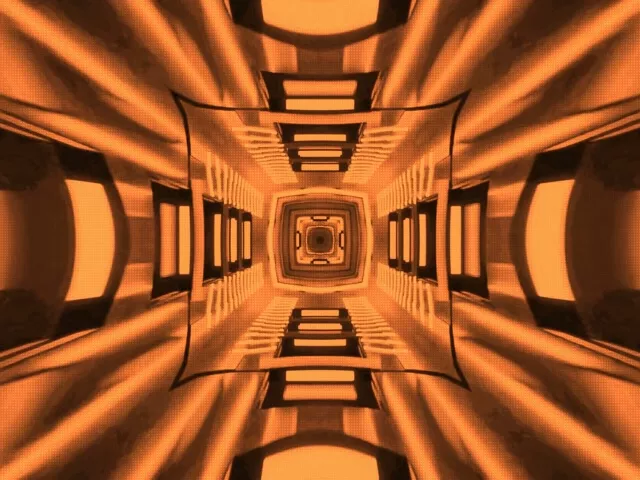 Tunnel neon arancione con motivo caleidoscopio simmetrico, forme geometriche luminose che si ritirano verso centro scuro, loop VJ 4K 60fps