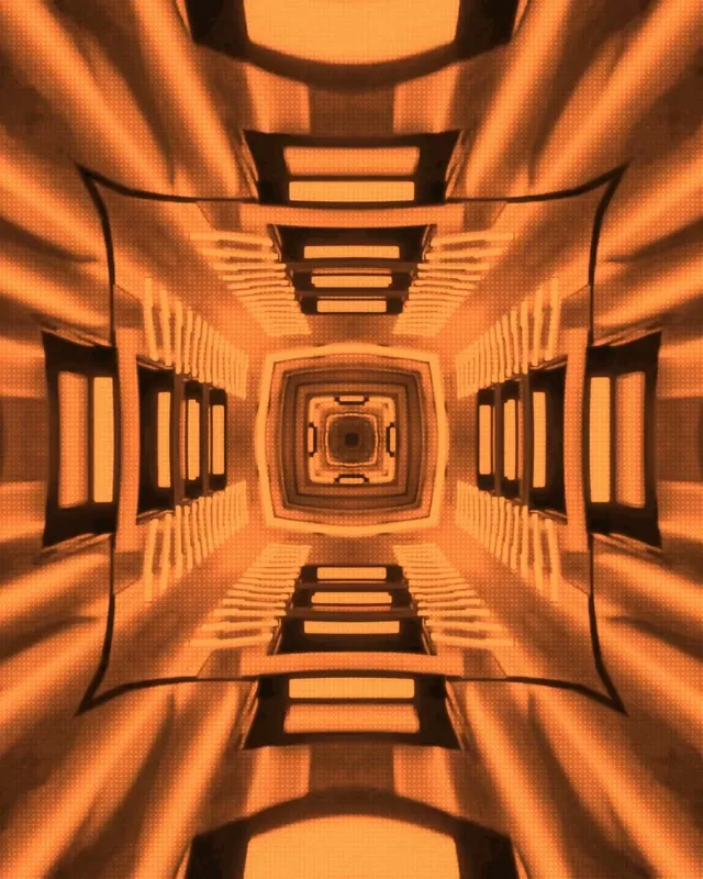 Symmetrisk orange neontunnel med glødende geometriske mønstre, der spiralerer indad og skaber en kaleidoskopisk effekt til VJ loops