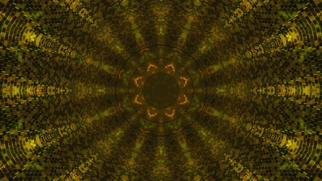 Hầm neon vàng cam đối xứng với các mẫu hình học bức xạ vào trong, tạo ra hiệu ứng xoáy huyến hoặc. VJ loop trừu tượng 4K 60fps.