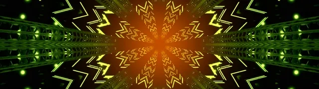 Stralend neon-kaleidoscoop-uitbarsting met goud-gele en limoengroene symmetrische patronen die een abstract tunneleffect creëren voor VJ-loop