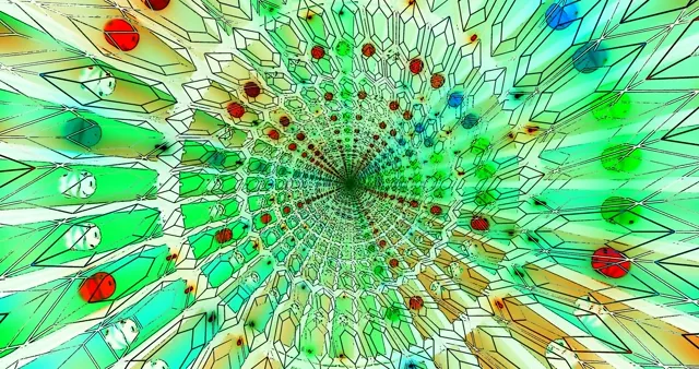 Žibinti žalias neoninė tunelis su šešiakampiais geometriniais šablonais, spinduliuojančiais iš centro, gyvos smaragdo ir limų žalios spalvos, abstrakti VJ kilpa 4K