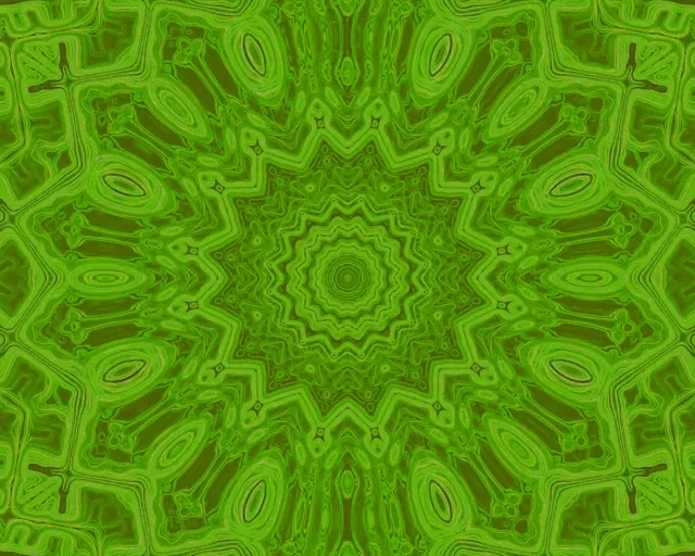 充滿活力的綠色霓虹萬花筒隧道，具有對稱的星形圖案，創造催眠般的同心圓環和幾何渦旋VJ loop背景